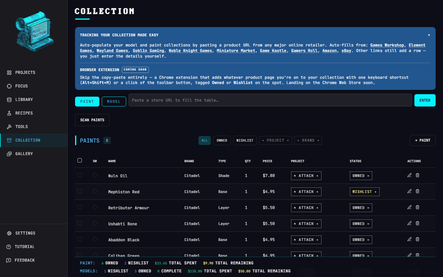 The Mini Mainframe collection tracker listing owned and wishlisted paints and models with prices