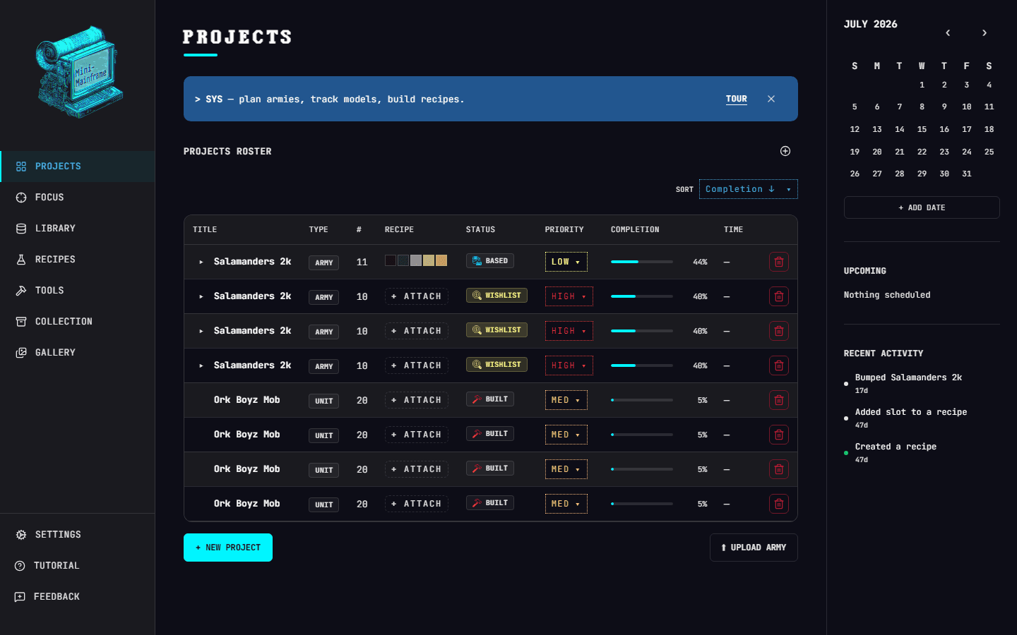 The Mini Mainframe projects roster — armies, units and models with status, priority and completion