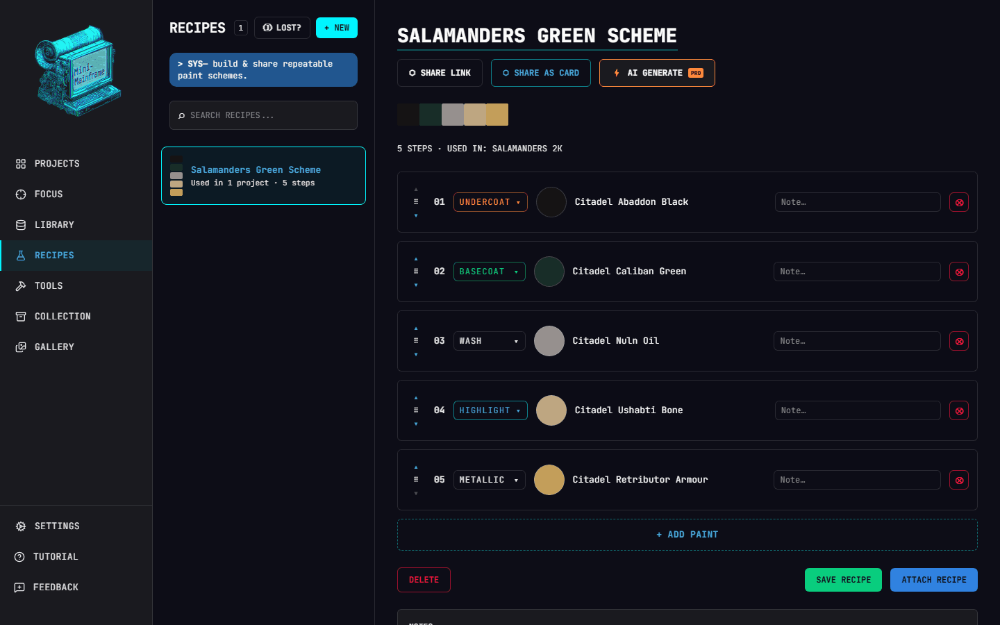 The Mini Mainframe recipe editor building a paint scheme layer by layer