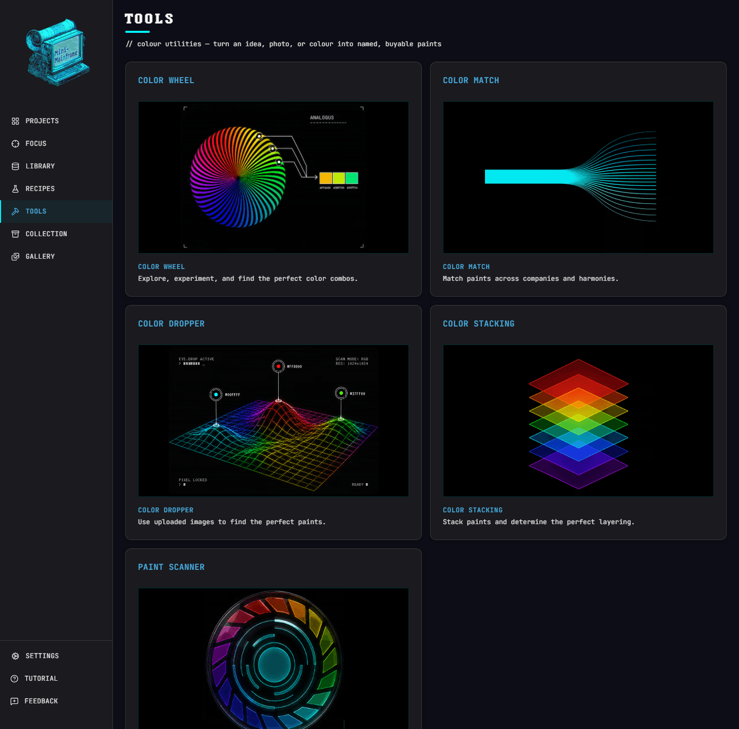 The Mini Mainframe colour tools hub listing the wheel, match, dropper, layering and paint scanner tools